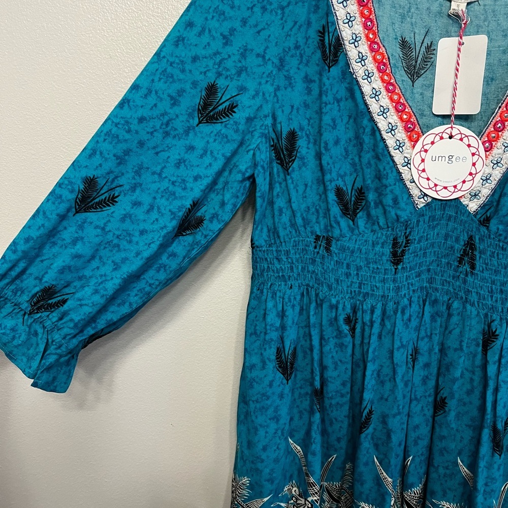 Umgee Teal Dress Leaf Embroidery Design V neck Tunic Western Cowgirl Rodeo Sz Sm - Picture 2 of 7